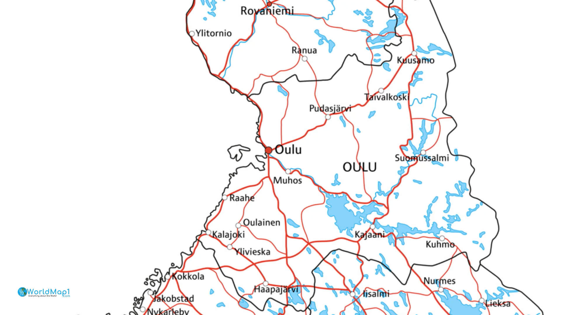 Northern Finland Cities Roads and Lakes Map